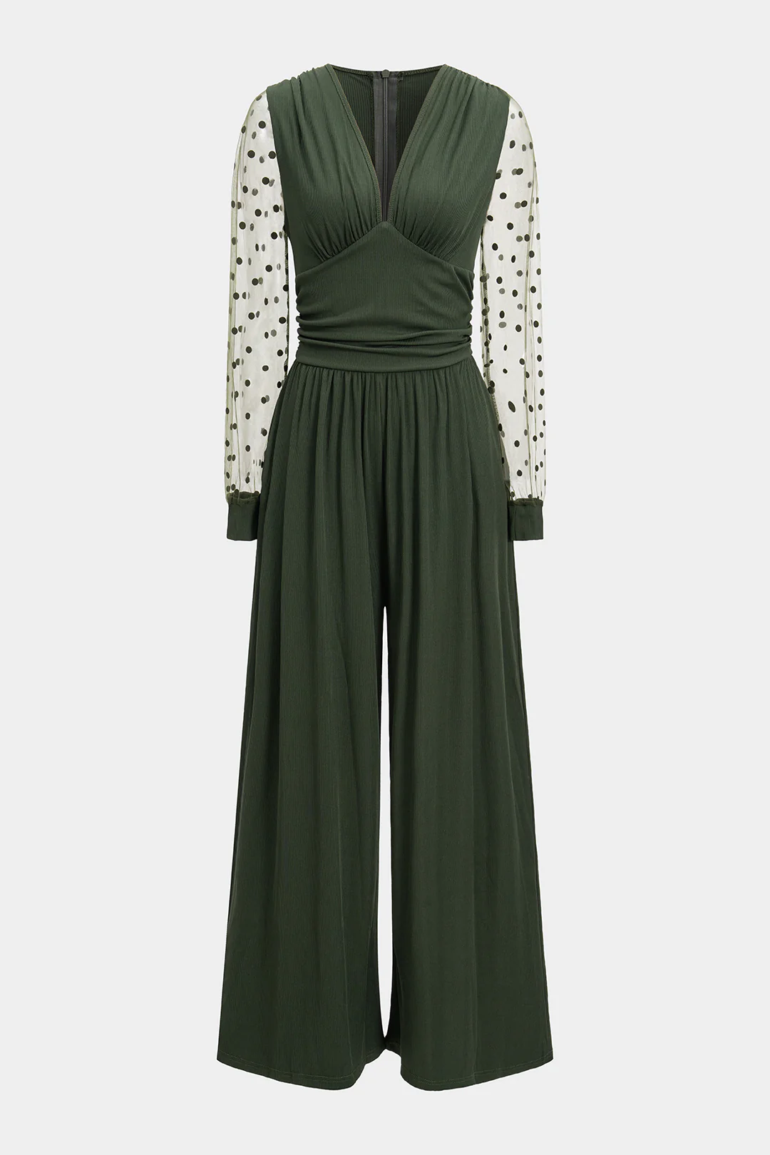 Polka Dots Print Patchwork Long Sleeve Jumpsuit - Weenar