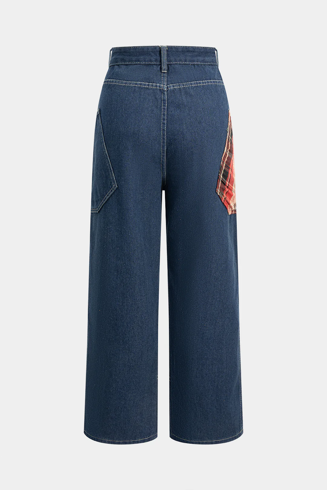 Denim Plaid Print Zipper Asymmetrical Straight Leg Jeans - Weenar