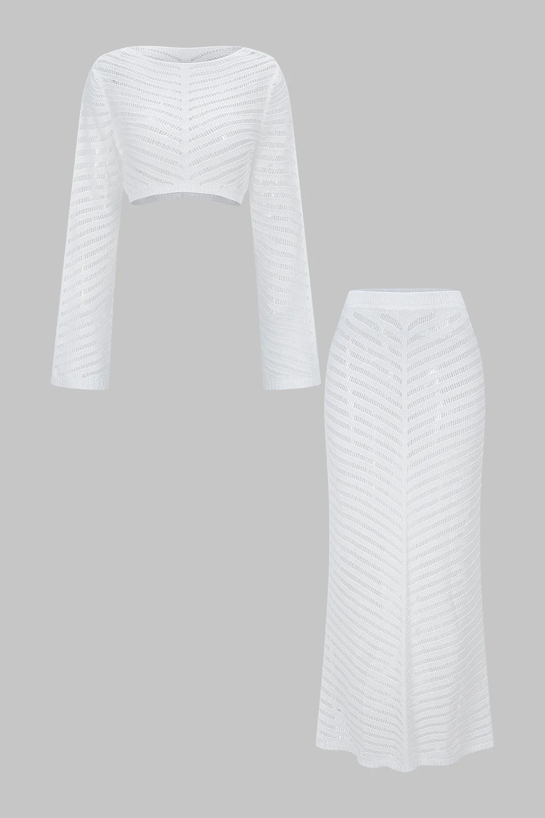 Round Neck Hollow Out Long Sleeve Cover Up And High Waist Skirt Set - Weenar