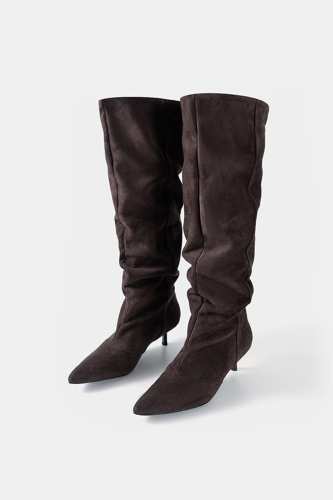 Suede Ruched Pointed Knee High Boots - Weenar