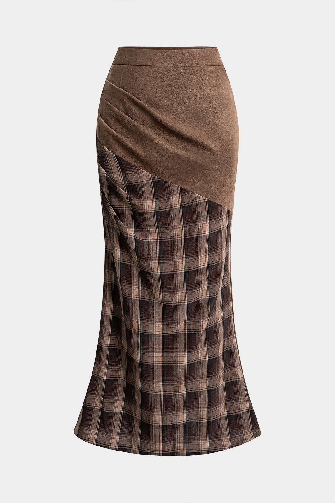 Suede Patchwork Plaid Print High Waist Skirt - Weenar