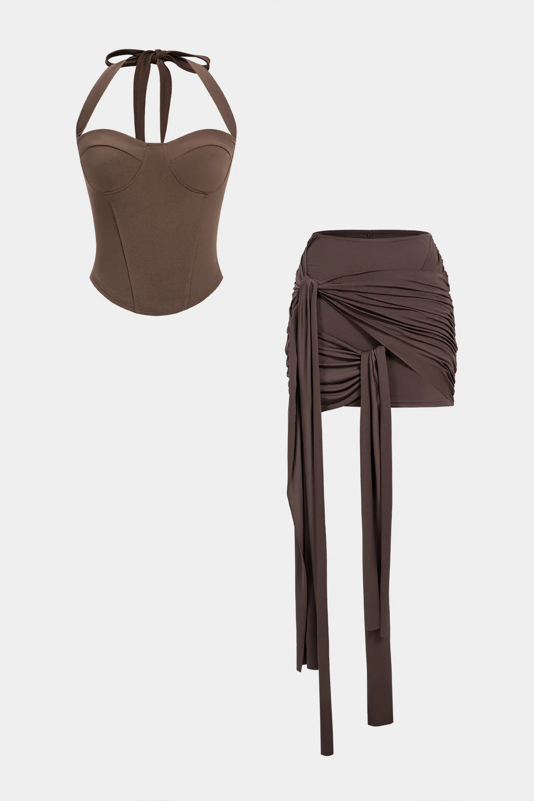 Halter Tie Back Sleeveless Top And Asymmetrical Ruched Skirt Set - Weenar