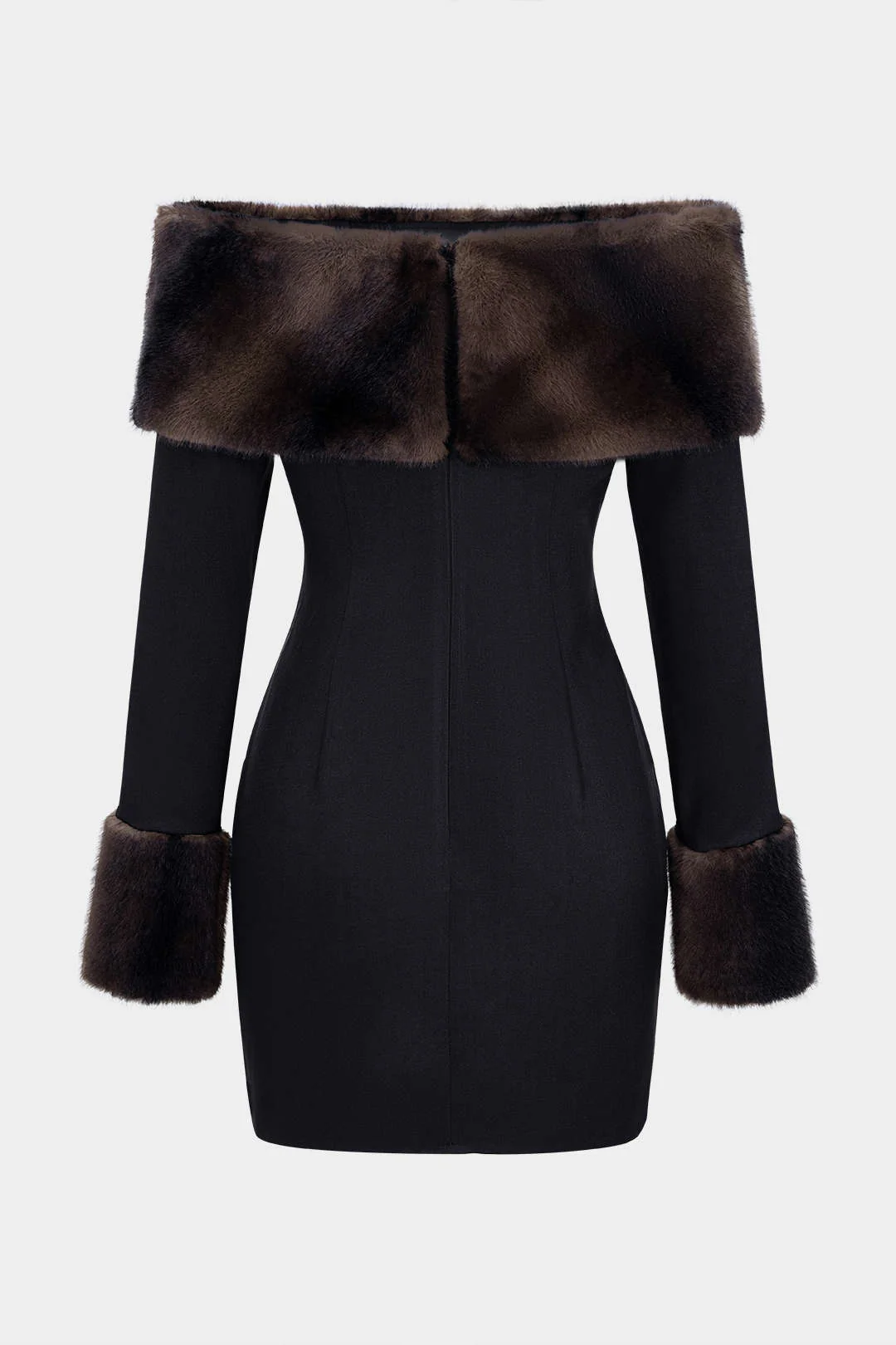 Off Shoulder Faux Fur Patchwork Long Sleeve Mini Dress - Weenar