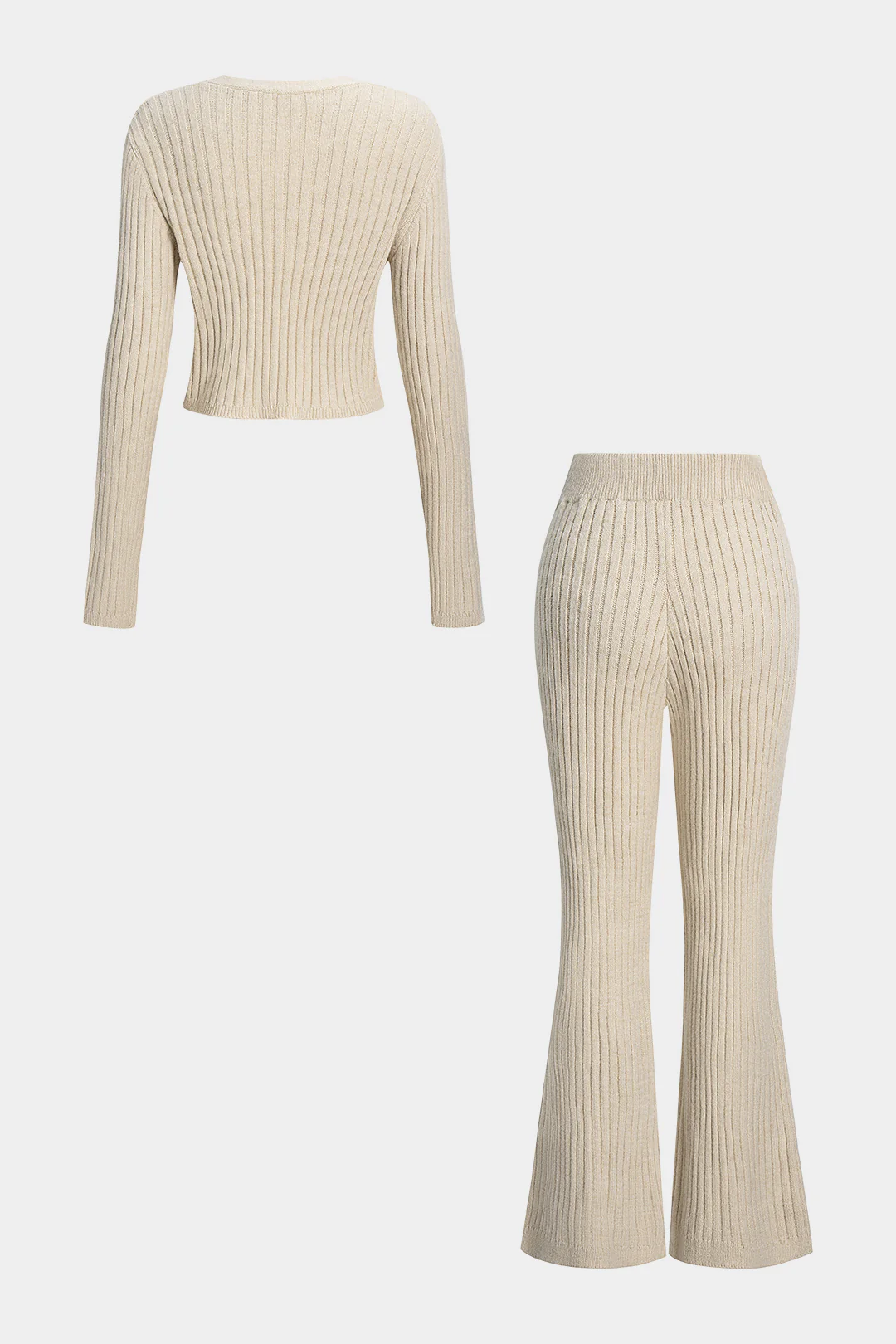 Knit Ribbed Button Long-Sleeve Top And Bell Leg Trousers Set - Weenar