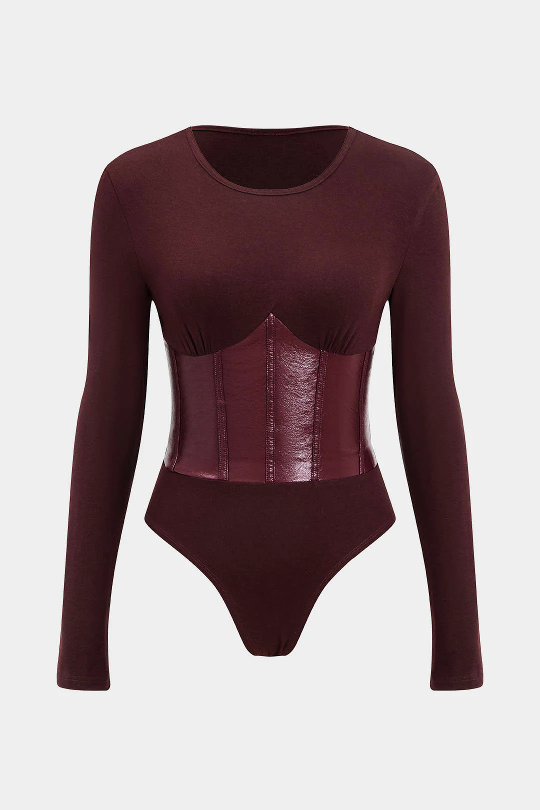 Patchwork Faux Leather Long Sleeve Bodysuit - Weenar