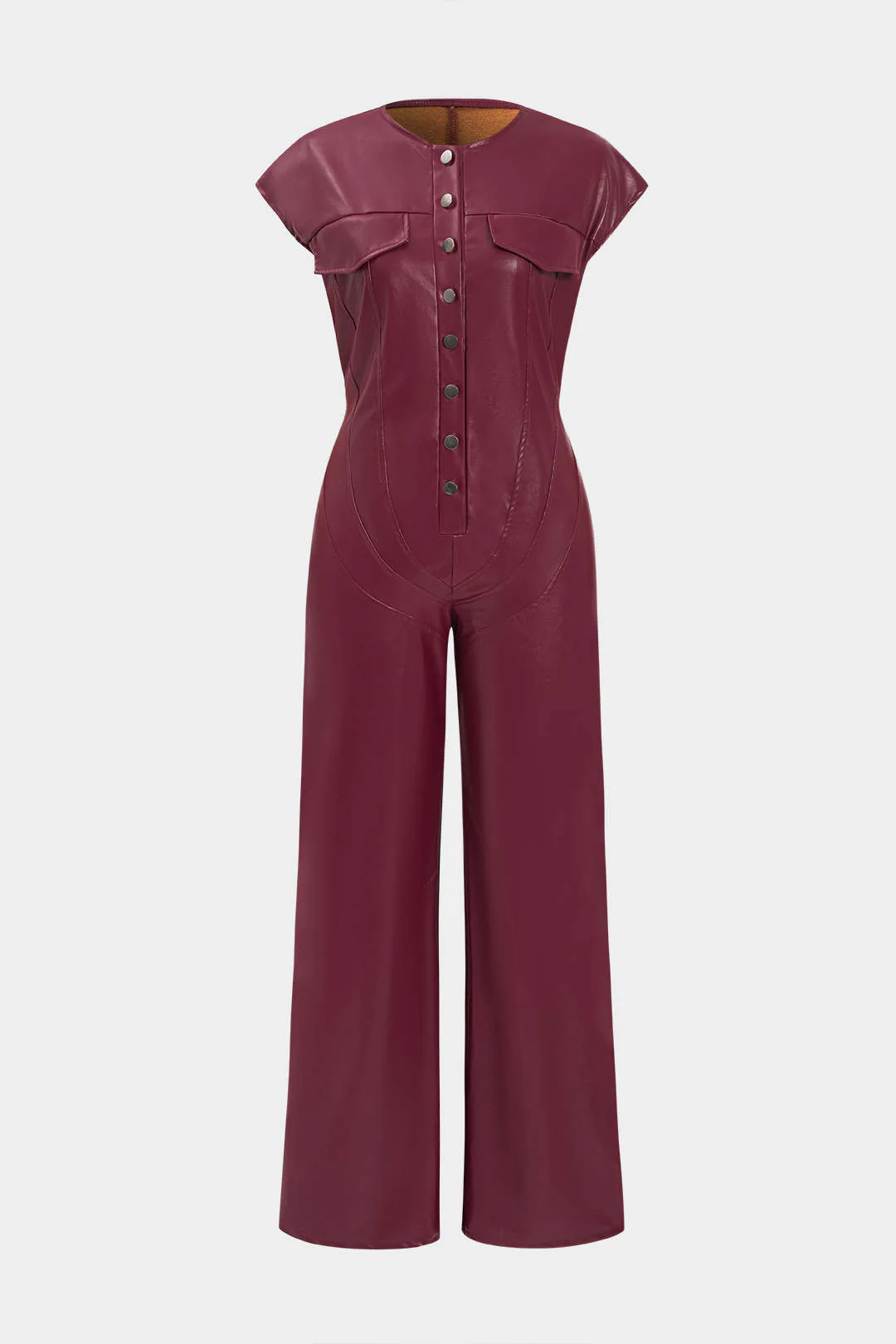 Faux Leather Button Jumpsuit - Weenar