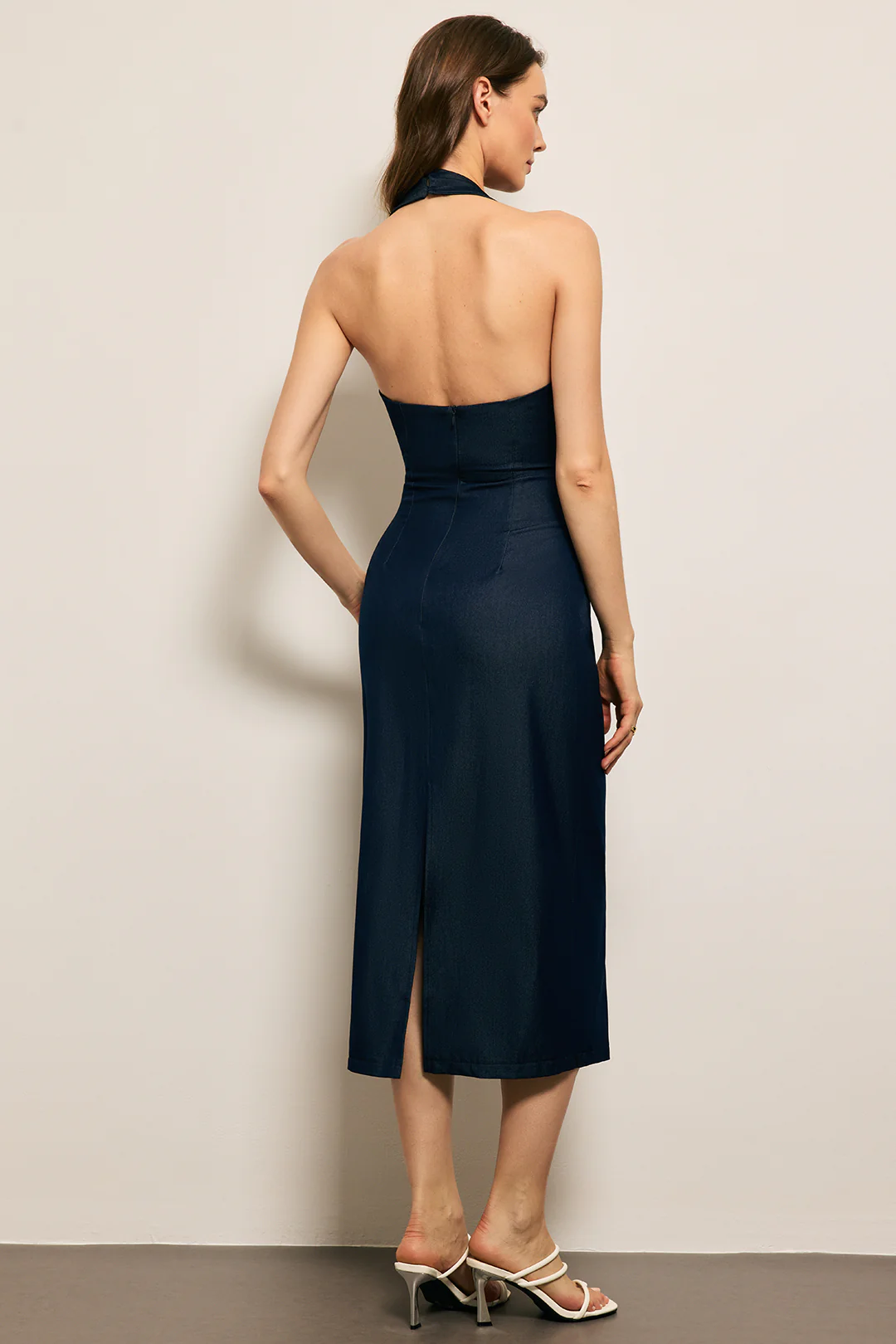 Denim Halter Neck Backless Sleeveless Dress - Weenar