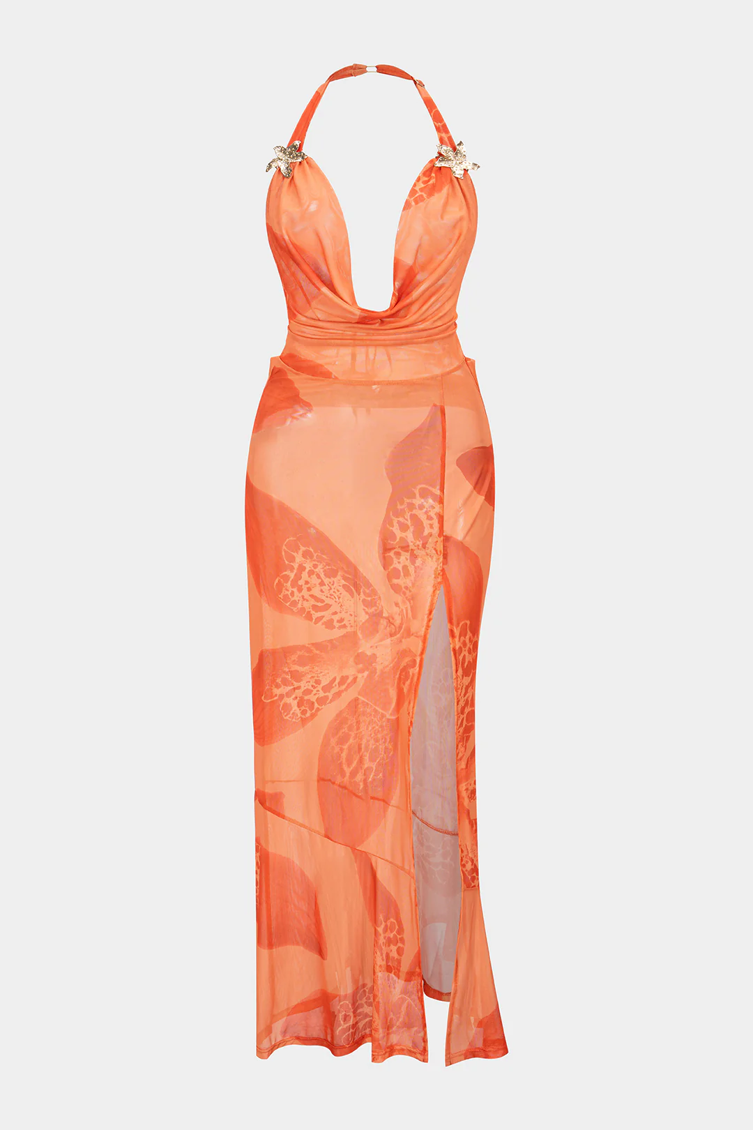 Floral Print Halter Draped Cowl Neck Slit Cover Up - Weenar