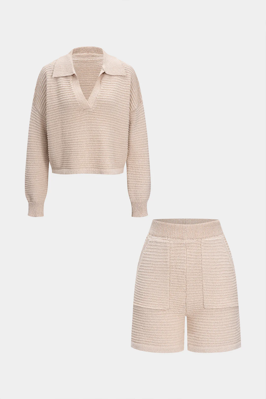 Knit Texture Long-Sleeve Top And Pocket Shorts Set - Weenar
