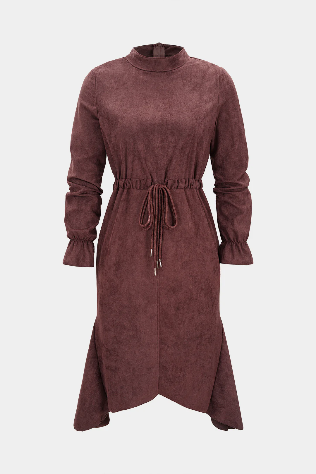 Suede Drawstring Zipper Long Sleeve Midi Dress - Weenar