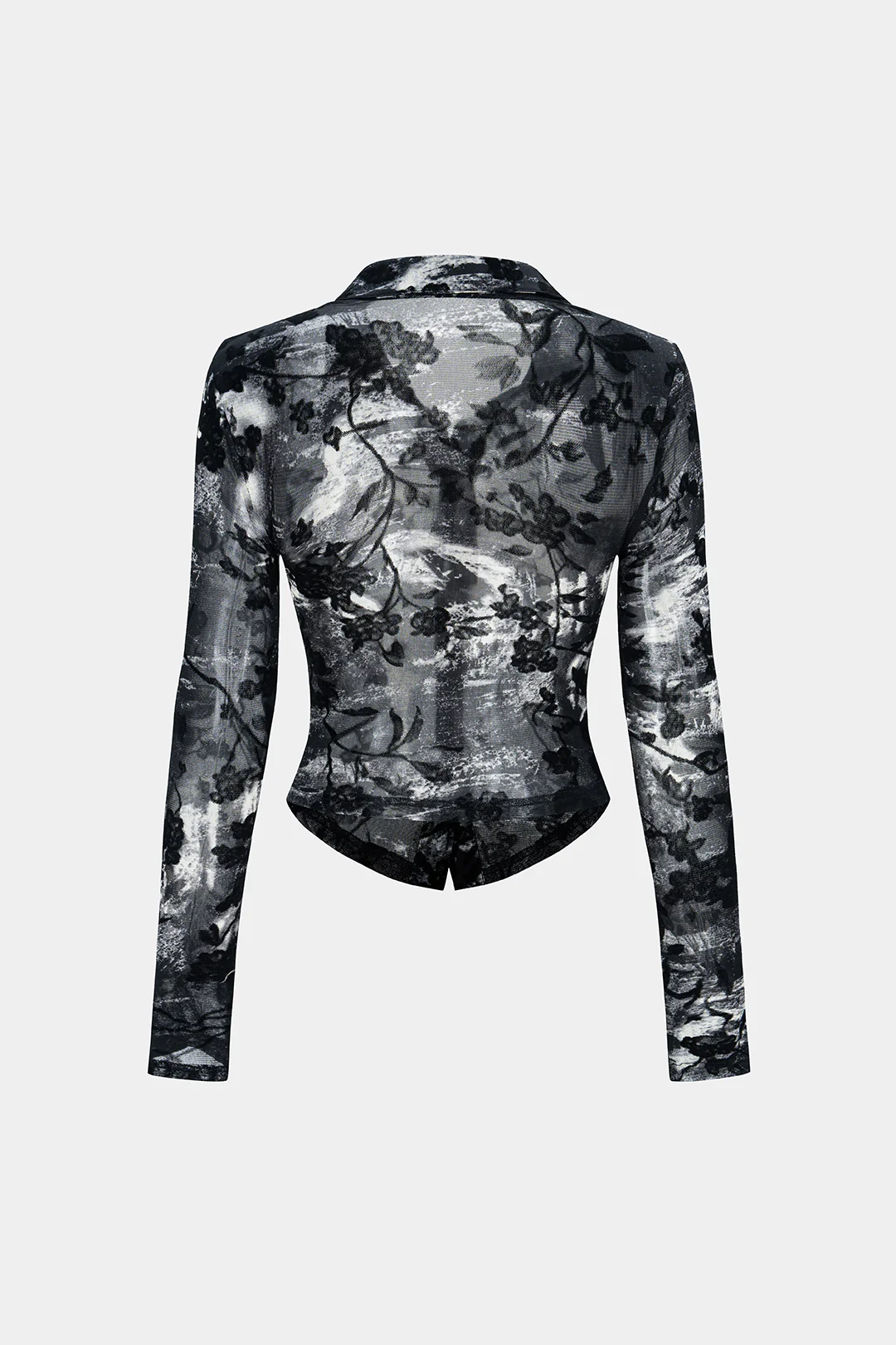 Sheer Floral Print Lapel Long Sleeve Top - Weenar