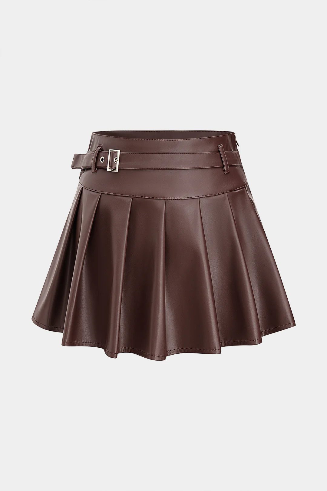 Faux Leather Pleated Belted High Waist Skirt - Weenar