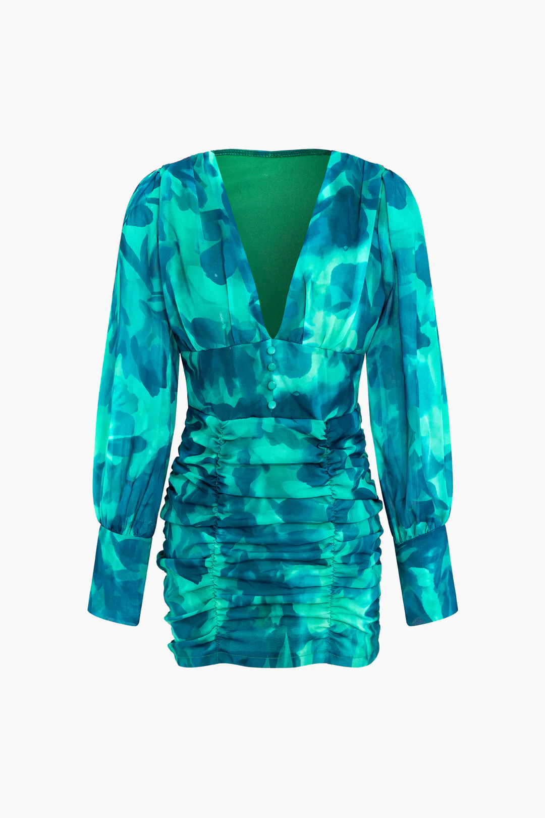 Abstract Print  V-Neck Ruched Long Sleeve Mini Dress - Weenar