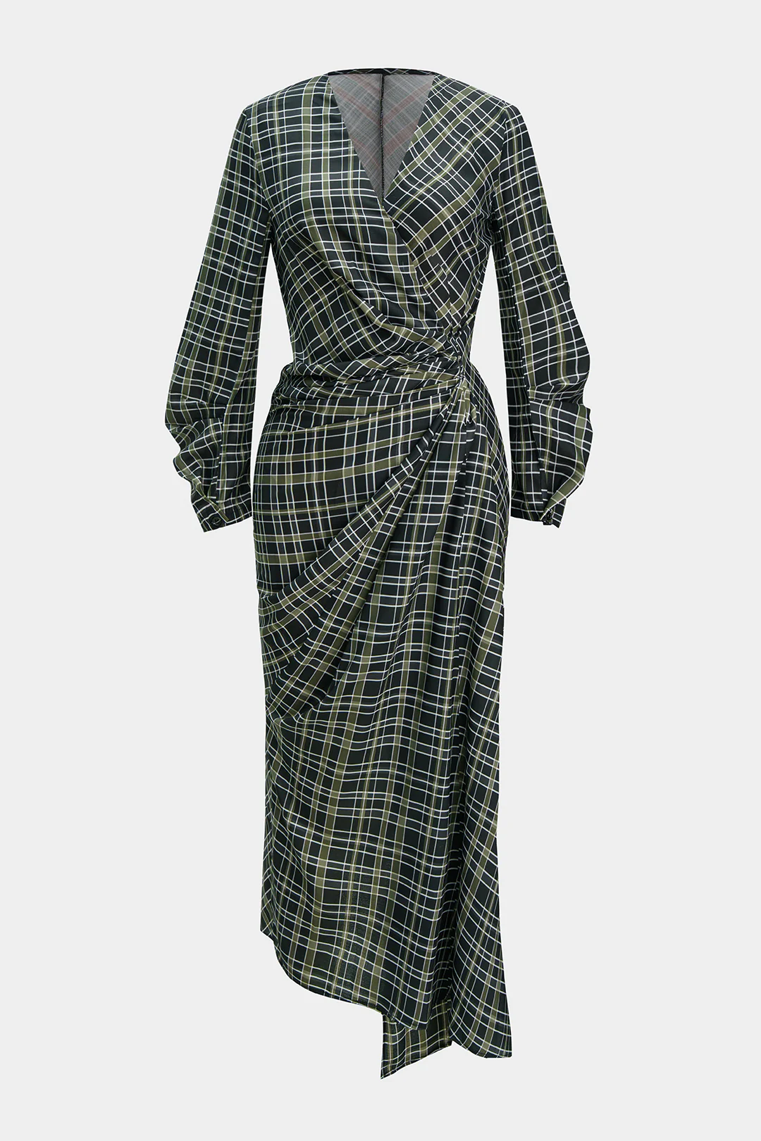 Plaid Print V-Neck Asymmetrical Ruched Long-Sleeve Maxi Dress - Weenar