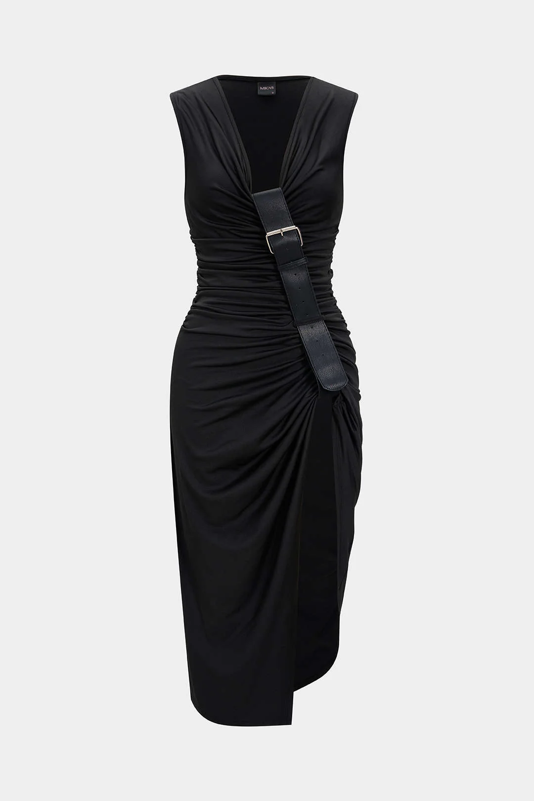 Ruched V-Neck Slit Asymmetrical Sleeveless Midi Dress - Weenar