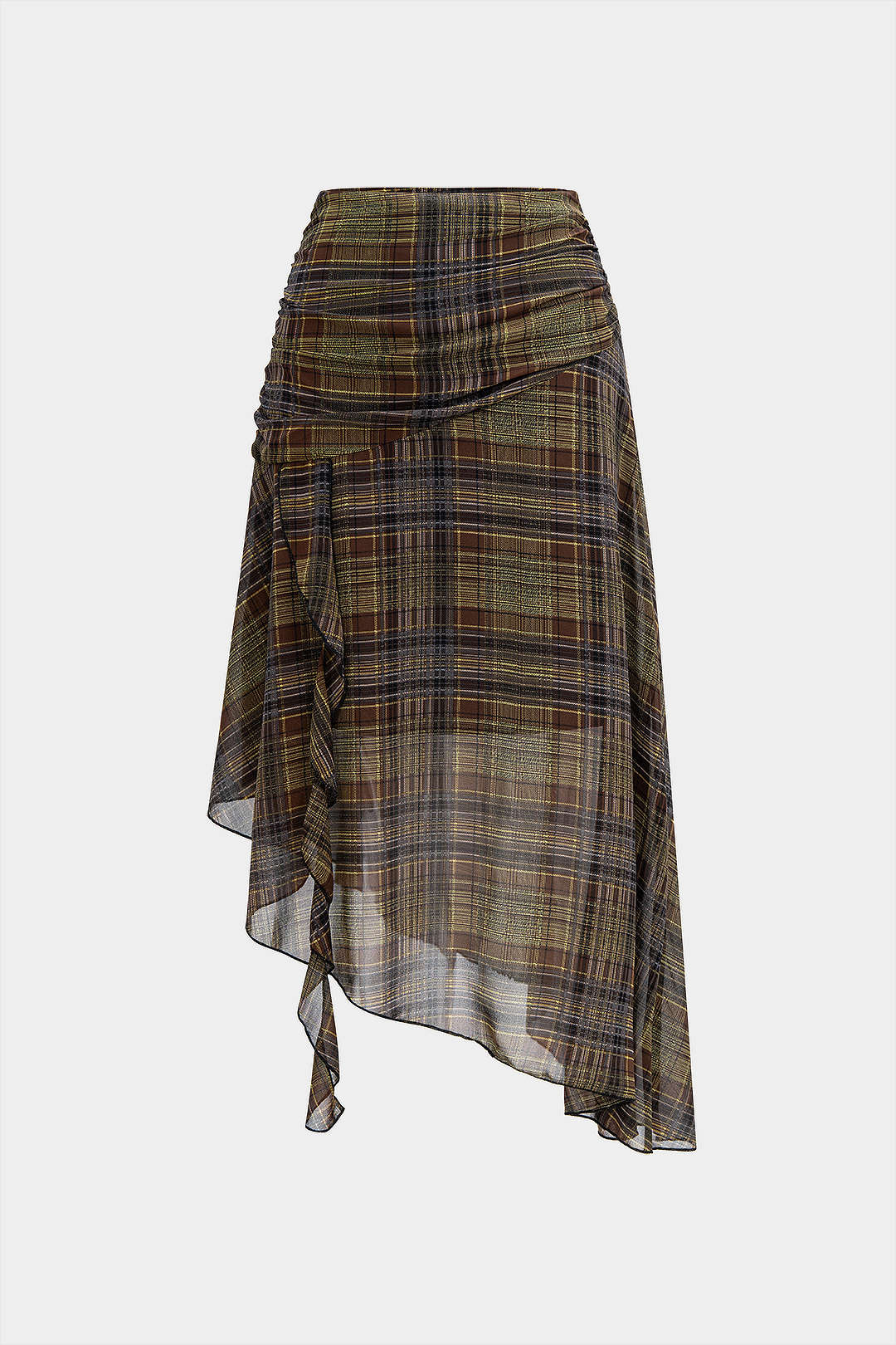Plaid Ruched Asymmetrical Hem Skirt - Weenar