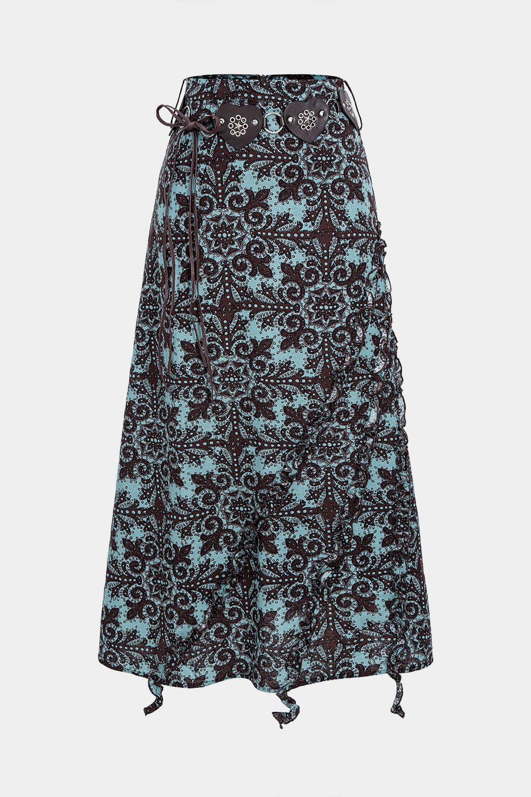 Floral Print Belted Bow Ruffle Decor Midi Skirt - Weenar