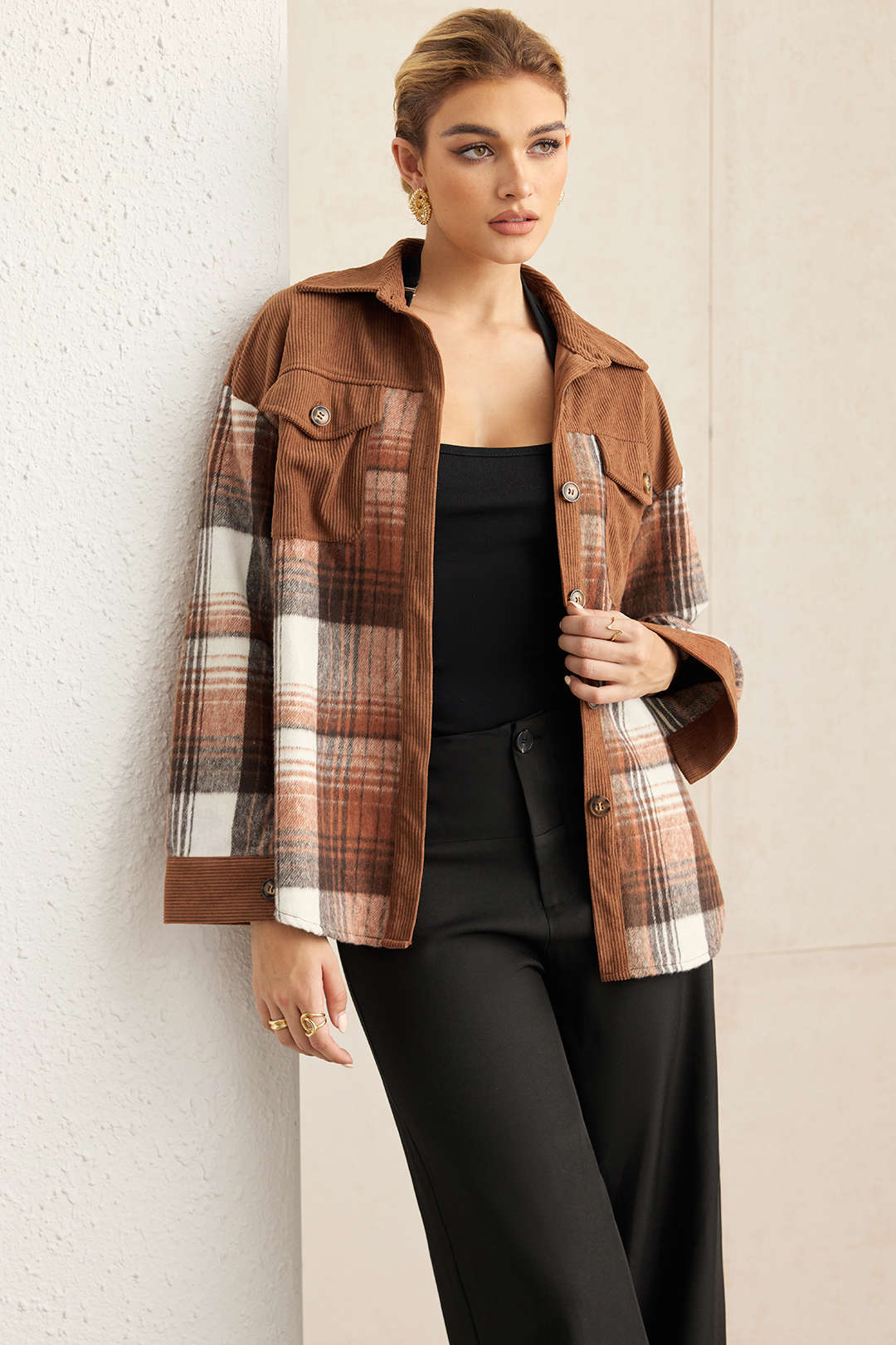 Plaid Print Corduroy Patchwork Button Pocket Long-Sleeve Shirt - Weenar