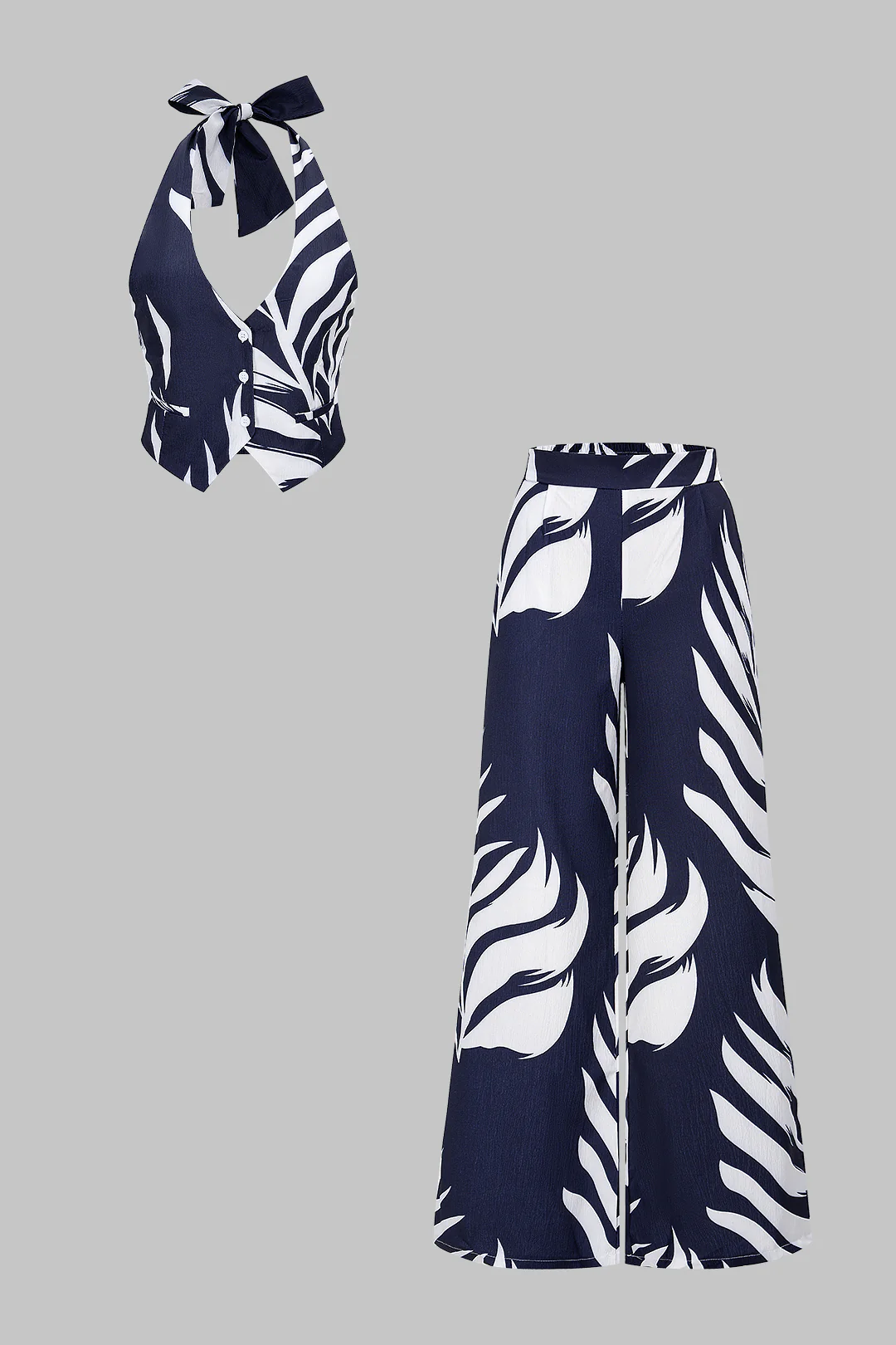 Contrast Leaves Print Halter V-Neck Tie-Up Top And Wide Leg Pants Set - Weenar