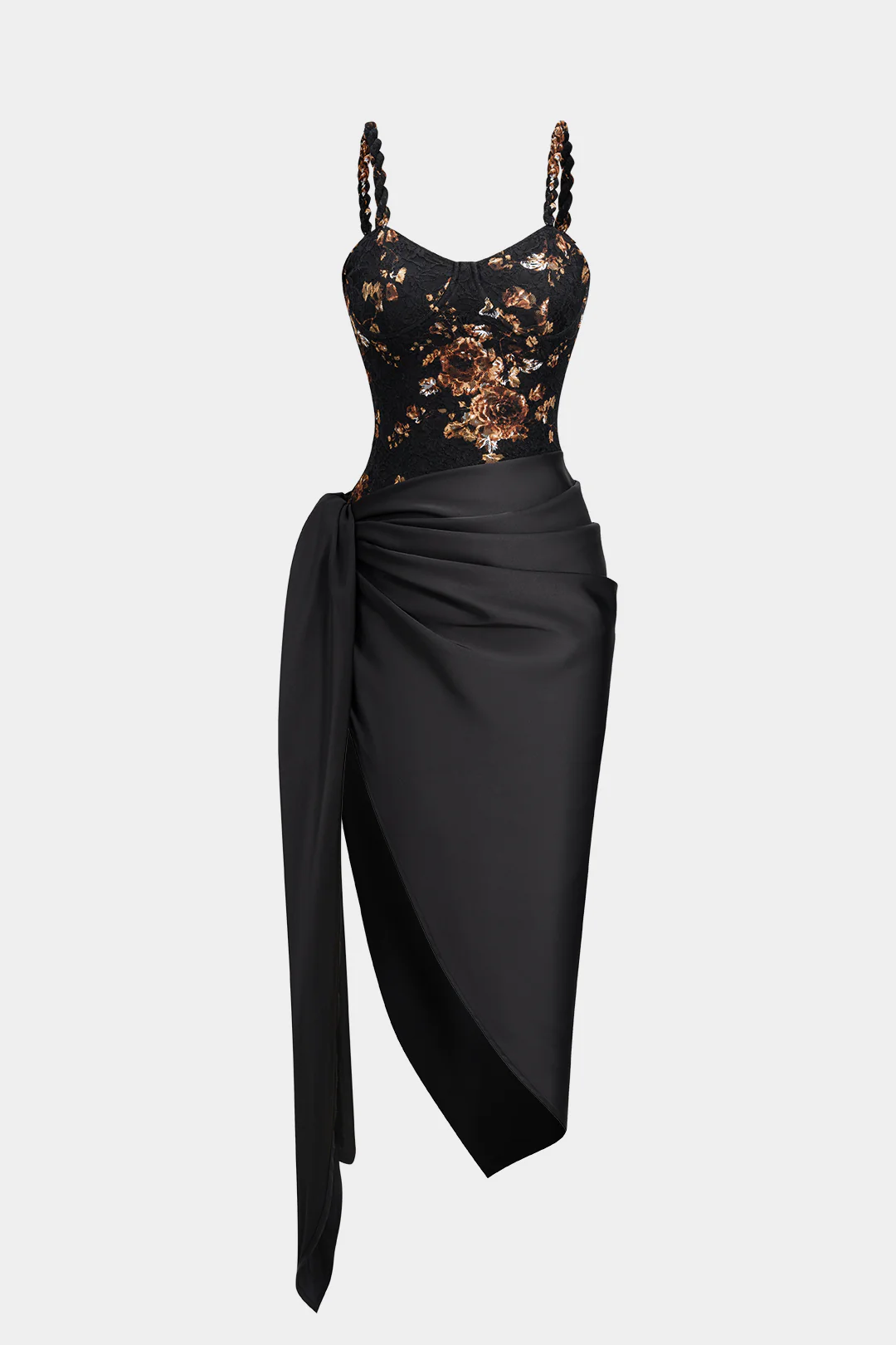 Floral Lace Patchwork Twist Knot Sleeveless Dress And Satin Asymmetrical Tie-Knot Skirt Set - Weenar
