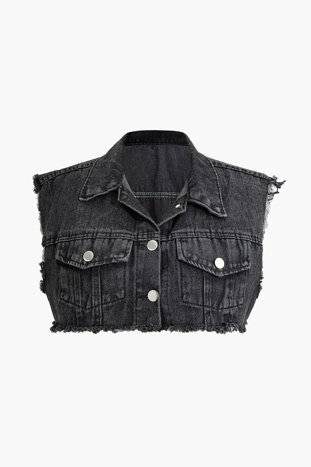 Denim Fringe Button Fake Pocket Sleeveless Vest - Weenar