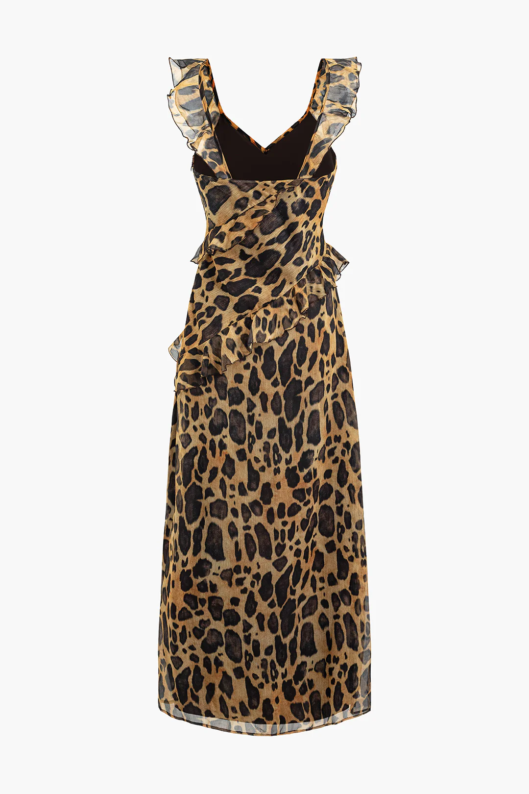 Chiffon Leopard Print Ruffle Sleeveless Midi Dress - Weenar