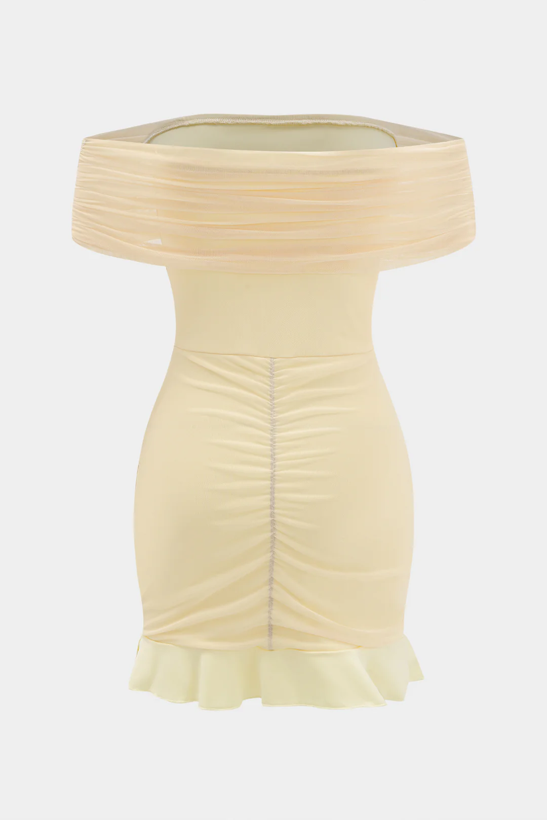 Mesh Off Shoulder Ruffle Hem Ruched Sleeveless Midi Dress - Weenar