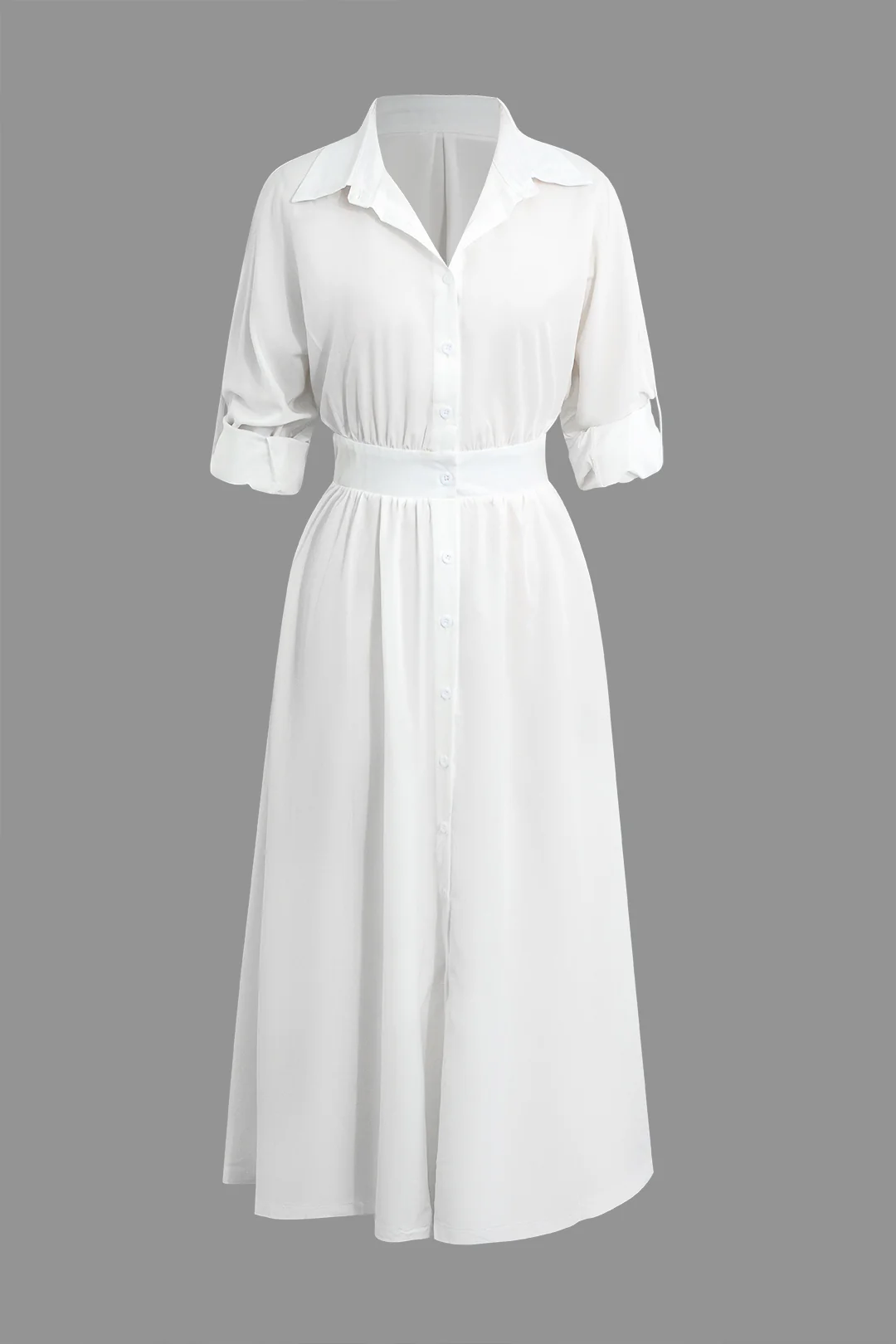V-Neck Button Ruched Long Sleeve Midi Dress - Weenar