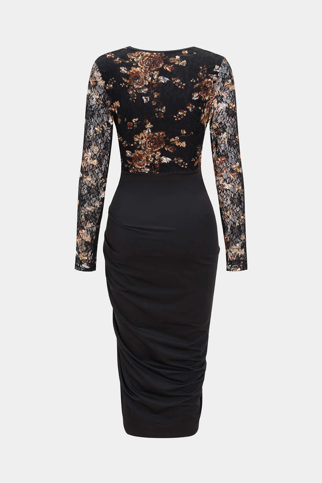 Floral Print Lace Patchwork Long Sleeve Midi Dress - Weenar