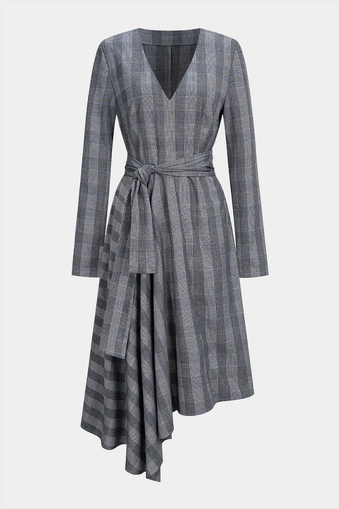 Plaid Print V-Neck Knot Ruched Asymmetrical Hem Long-Sleeve Midi Dress - Weenar