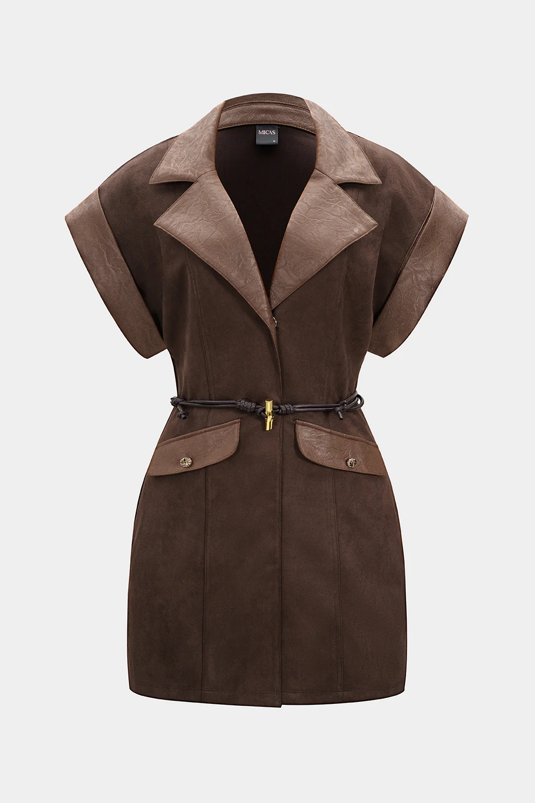 Faux Leather Suede V-Neck Patchwork Belted Sleeveless Mini Dress - Weenar