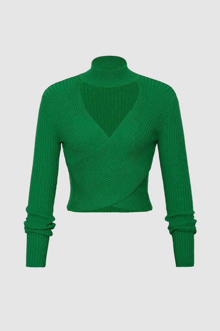 High Neck Wrap Knitted Long Sleeve Top - Weenar