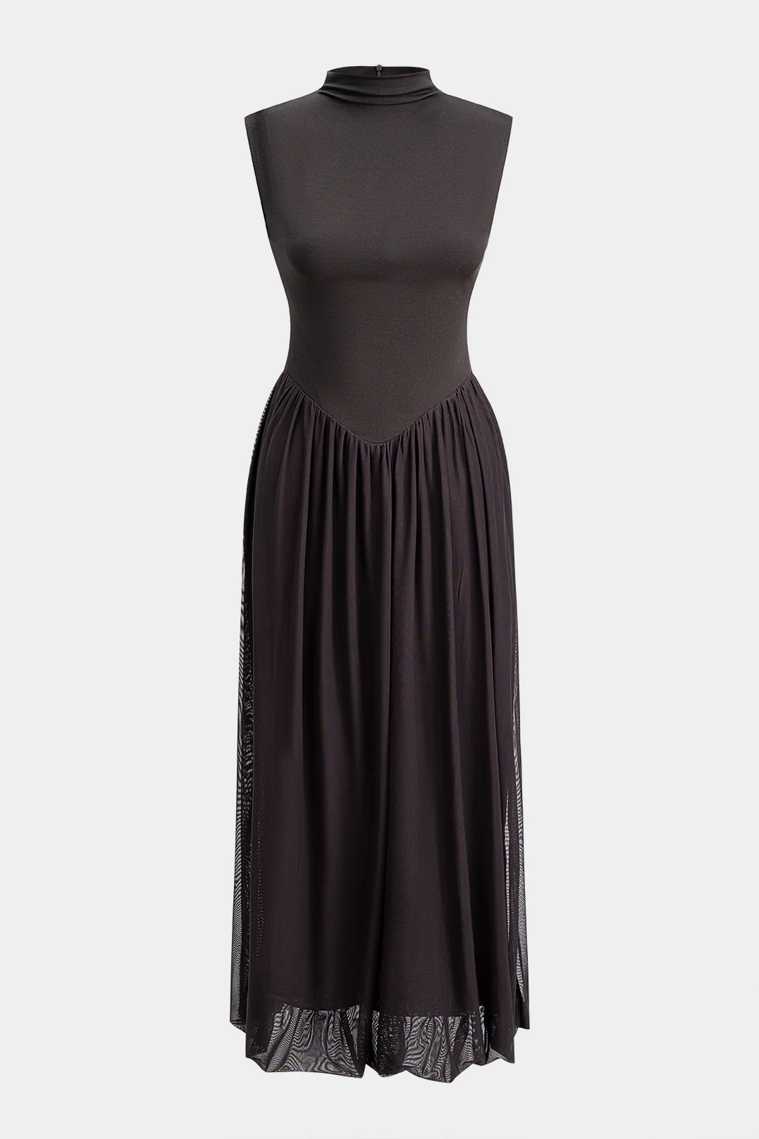 Patchwork Mesh Mock Neck Ruched Sleeveless Midi Dress - Weenar