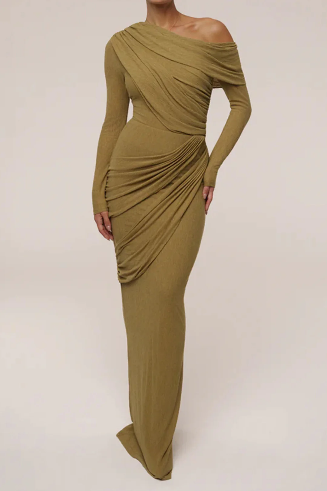 One Shoulder Ruched Long-Sleeve Top And Skirt Set - Weenar