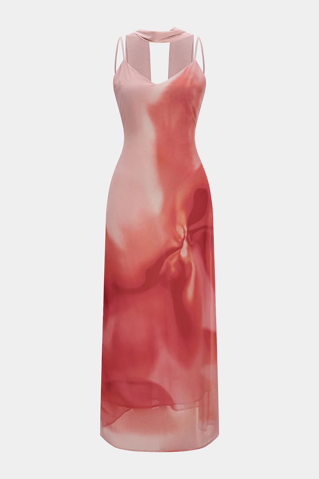 Ombre Print Chiffon V-Neck Slip Sleeveless Midi Dress With Scraf - Weenar