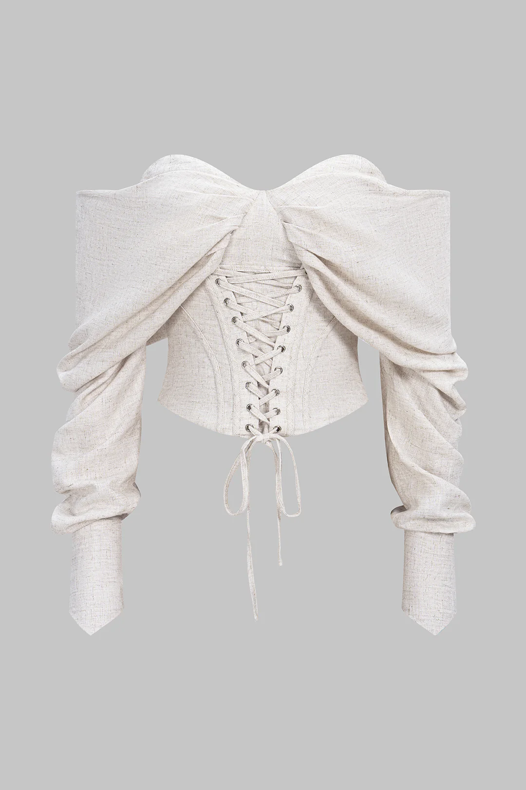 Linen Off-Shoulder Tie Front Corset Runched Long-Sleeve Shirt - Weenar