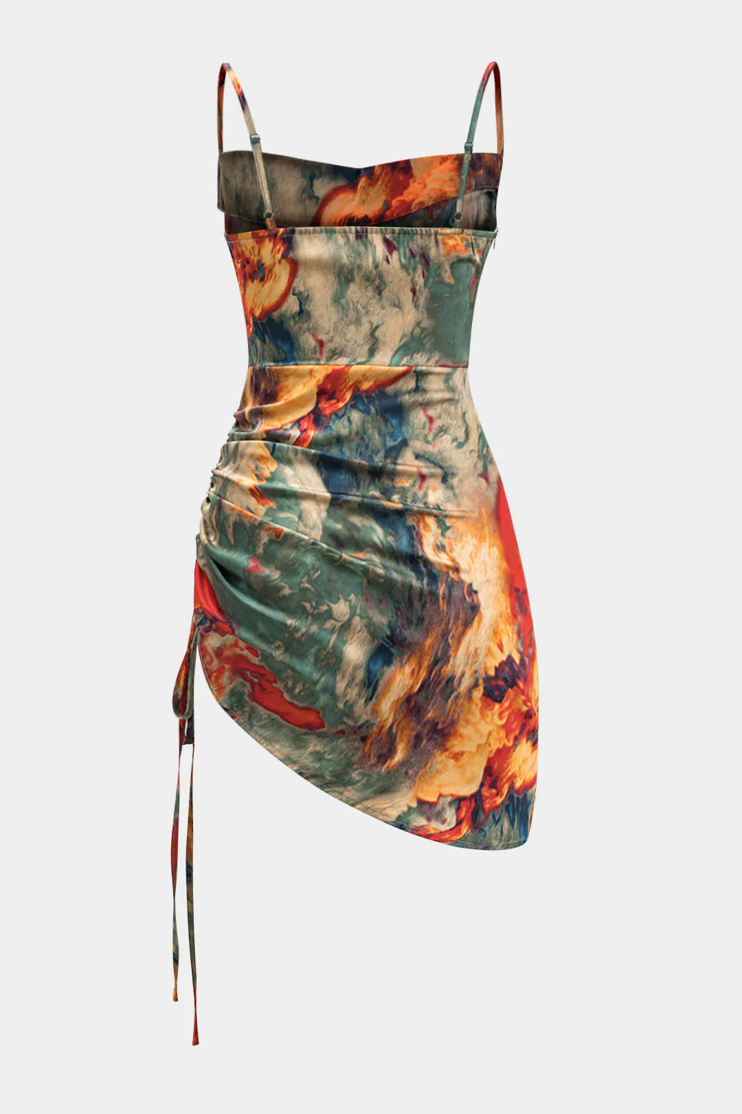 Watercolor Print Satin Ruched Drawstring Slip Mini Dress - Weenar