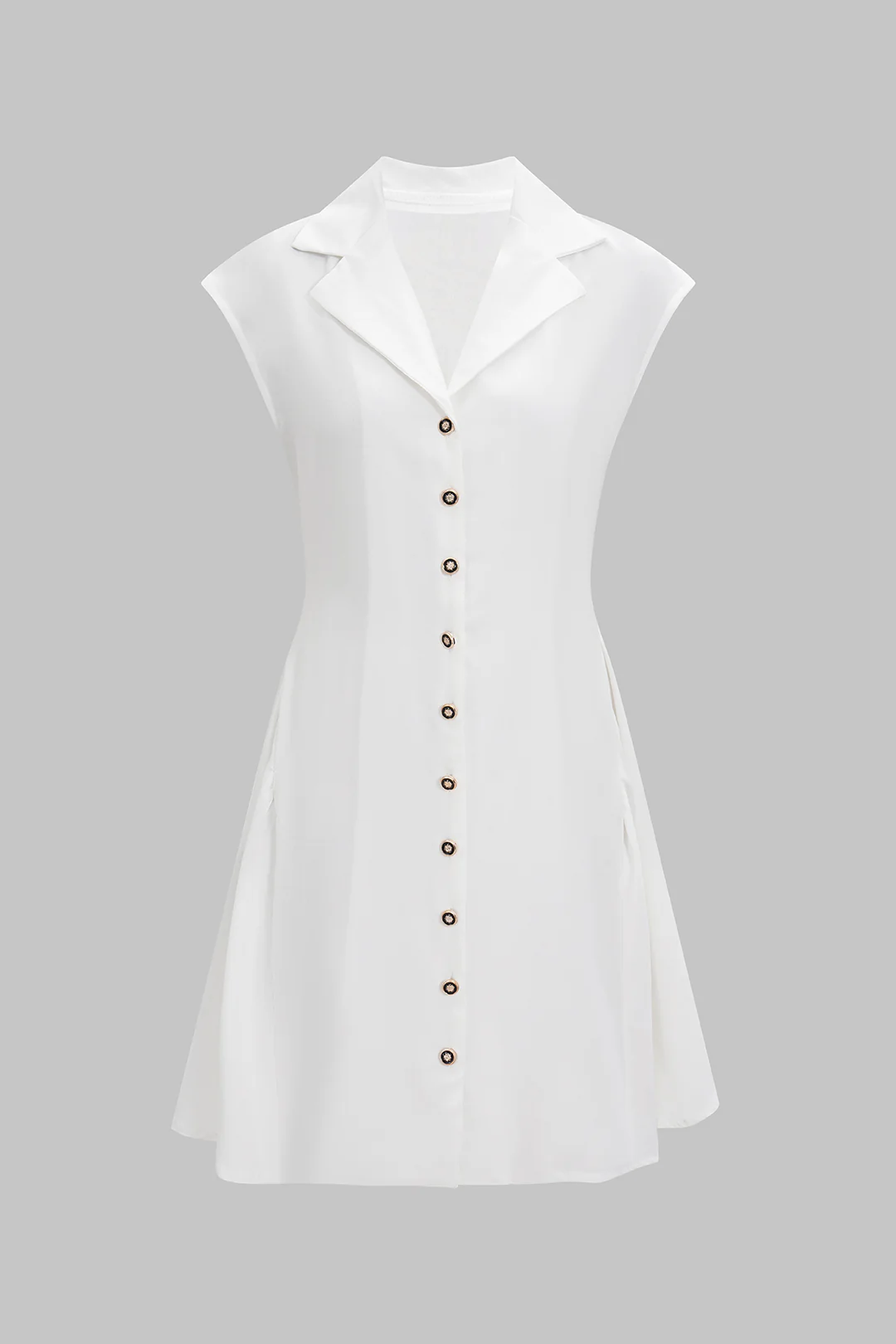 Solid V-Neck Button Pleated Short Sleeve Mini Dress - Weenar
