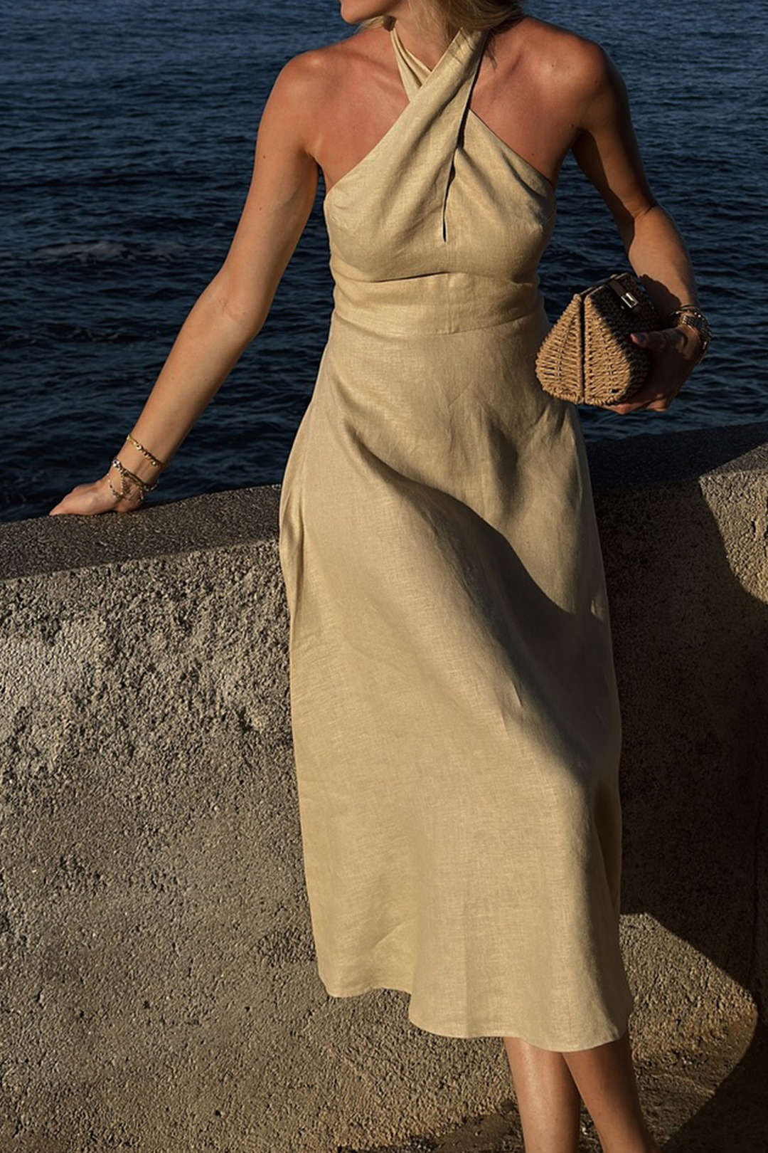 Linen Patchwork Crossed Halter Neck Ruched Sleeveless Midi Dress - Weenar