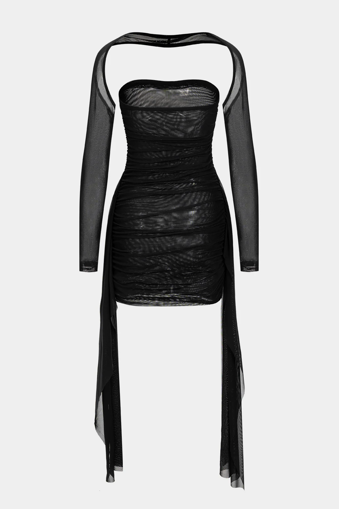 Sheer Mesh Ruched Strapless Midi Dress With Long Sleeve Overlay - Weenar