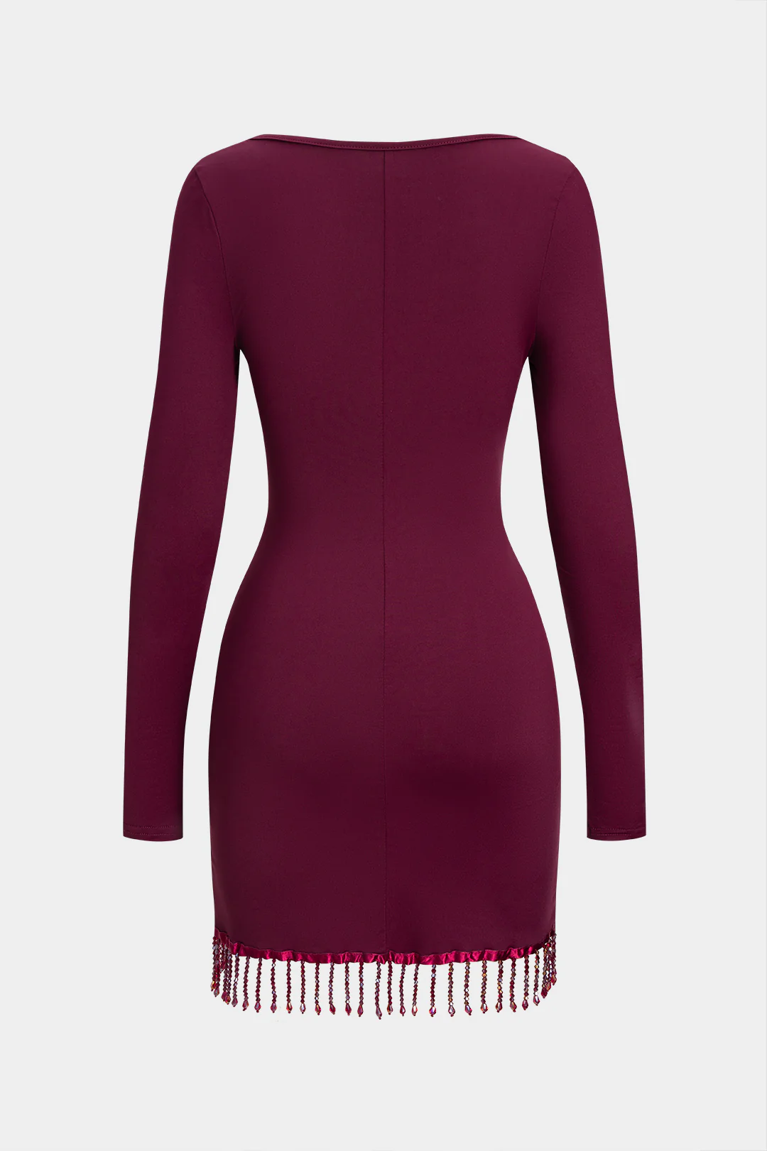 Round Neck Fringe Long Sleeve Mini Dress - Weenar