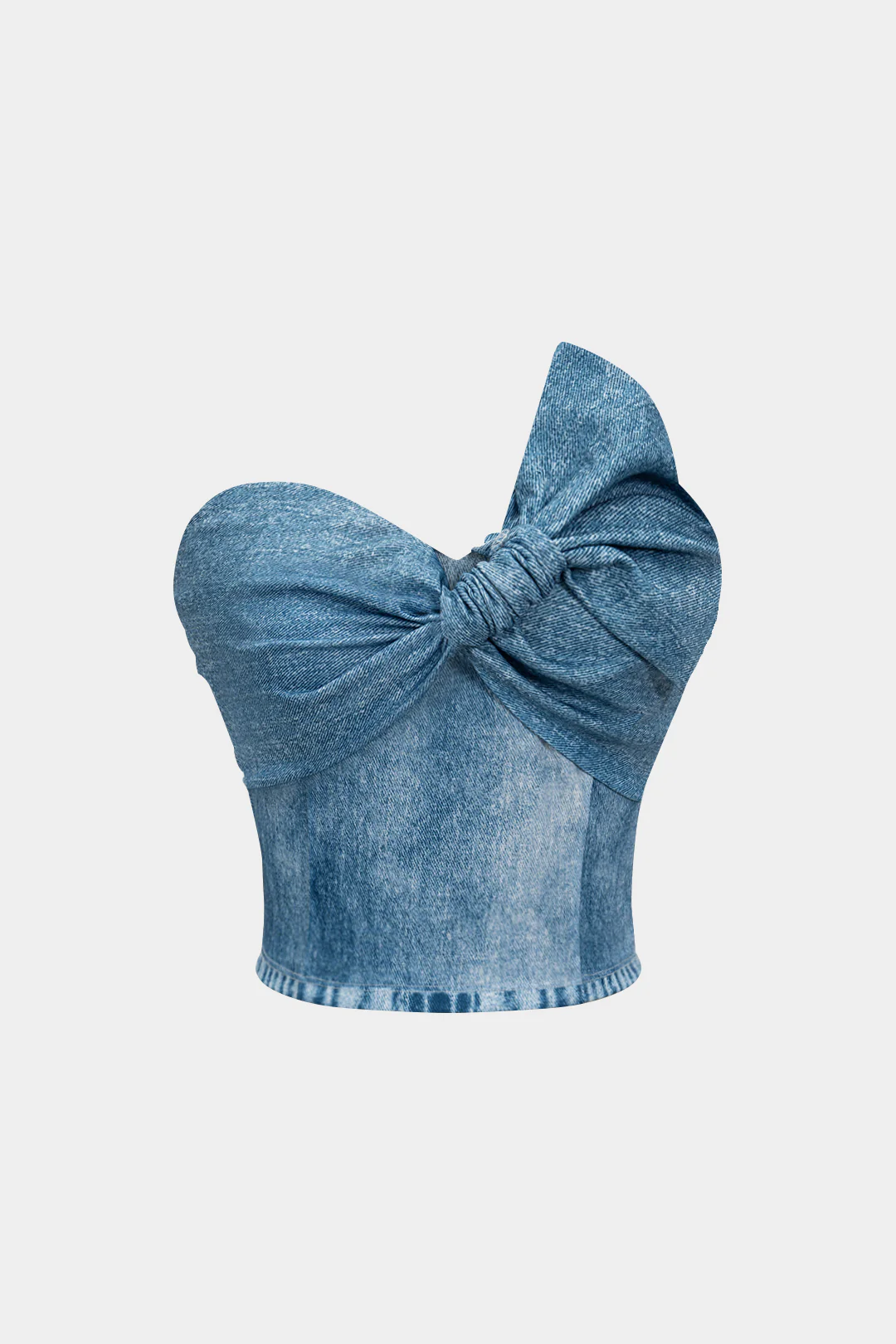 Denim Print Asymmetrical Twist Knot Strapless Tube Top - Weenar