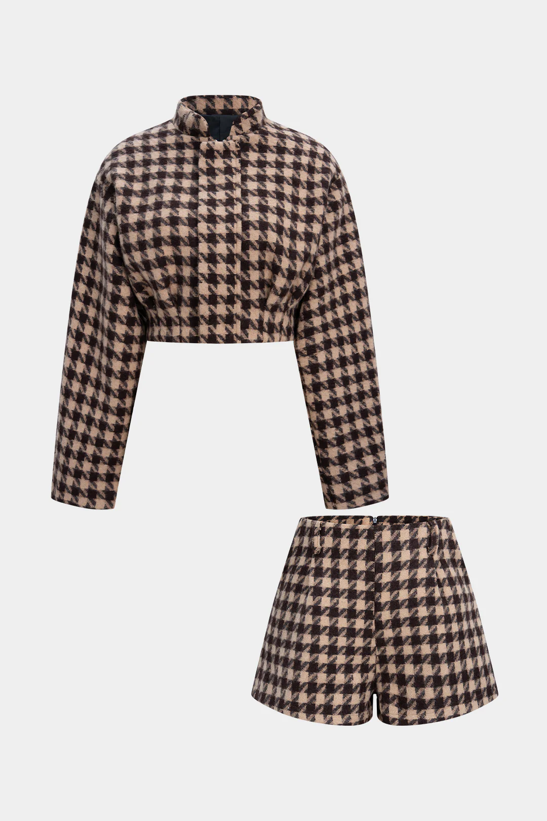 Houndstooth Print Long-Sleeve Top And Zipper Shorts Set - Weenar