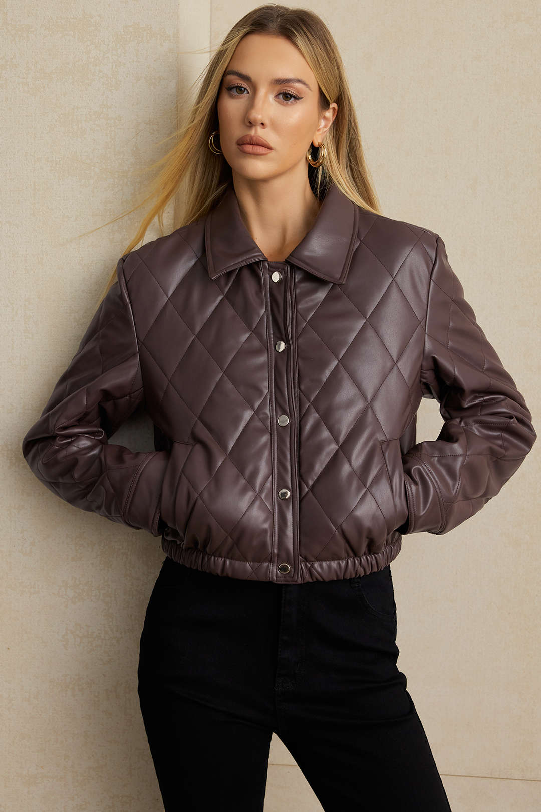 Faux Leather Button Pocket Lapel Jacket - Weenar