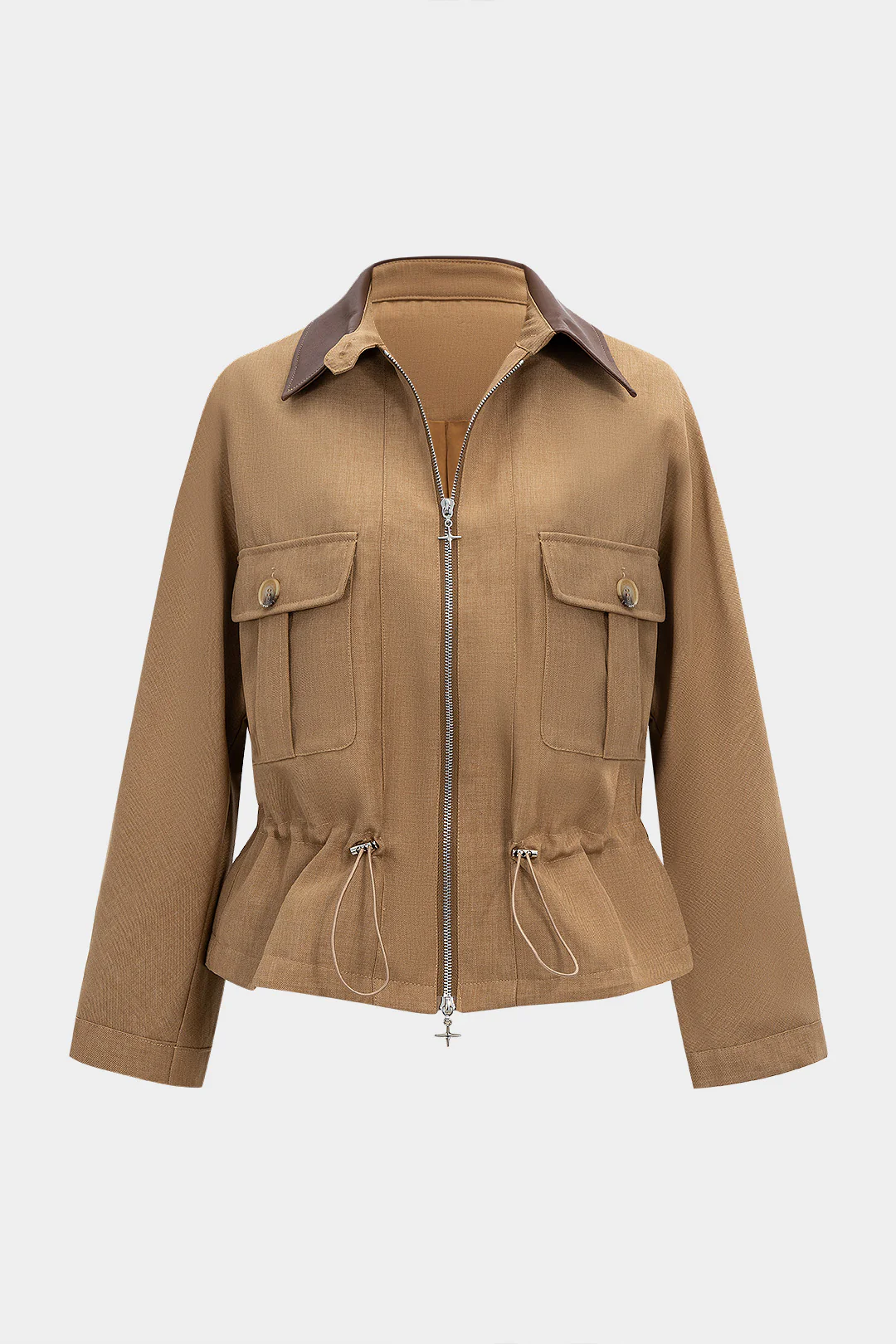 Zipper Patchwork Drawstring Batwing Sleeve Jacket - Weenar