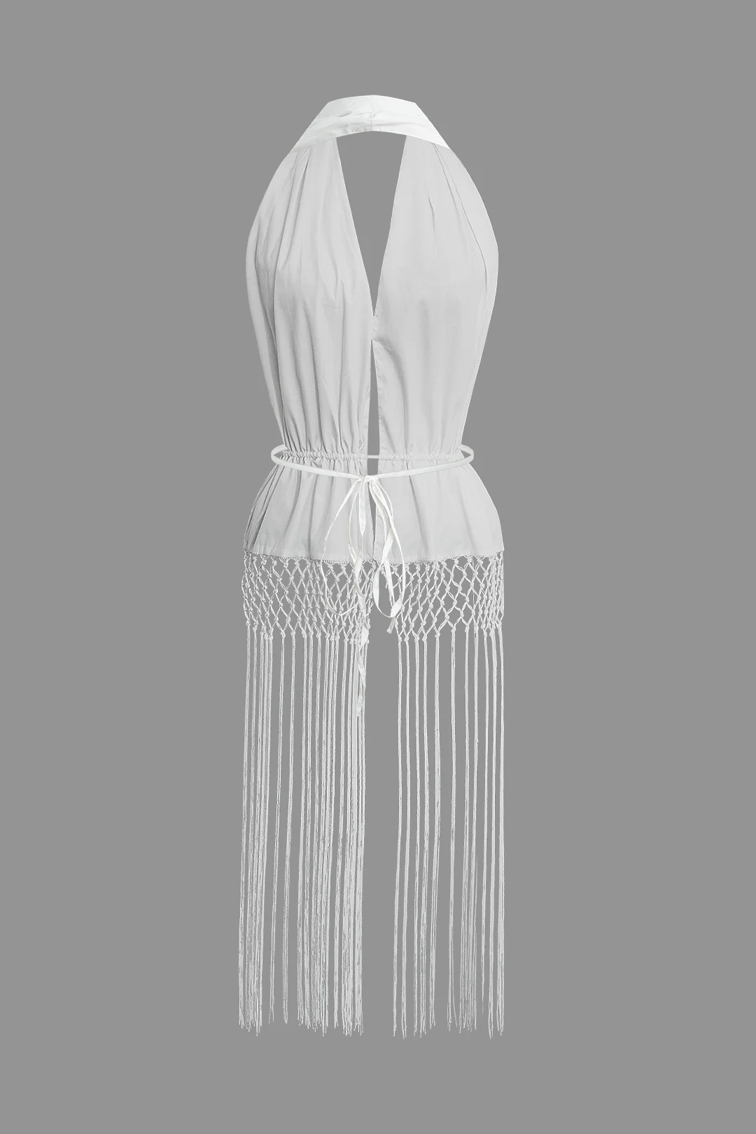 Halter Neck Tie Up Fringe Hem Backless Tank Top - Weenar