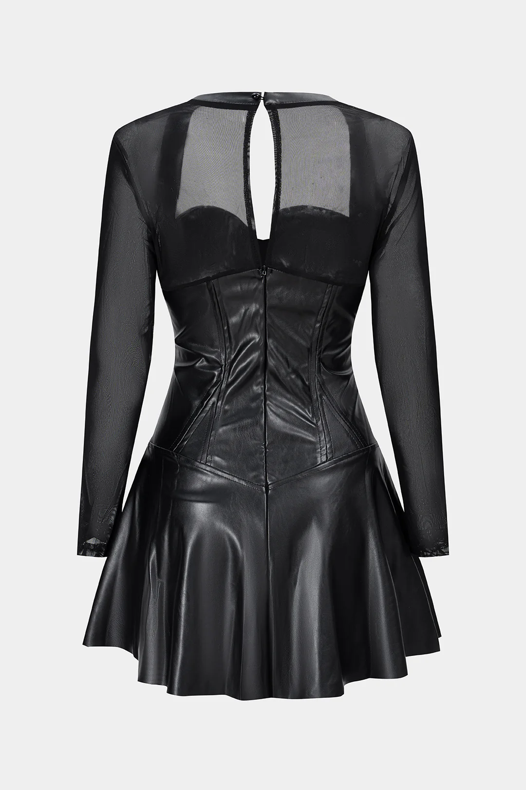 Faux Leather Patchwork Mesh Zipper Long Sleeve Mini Dress - Weenar