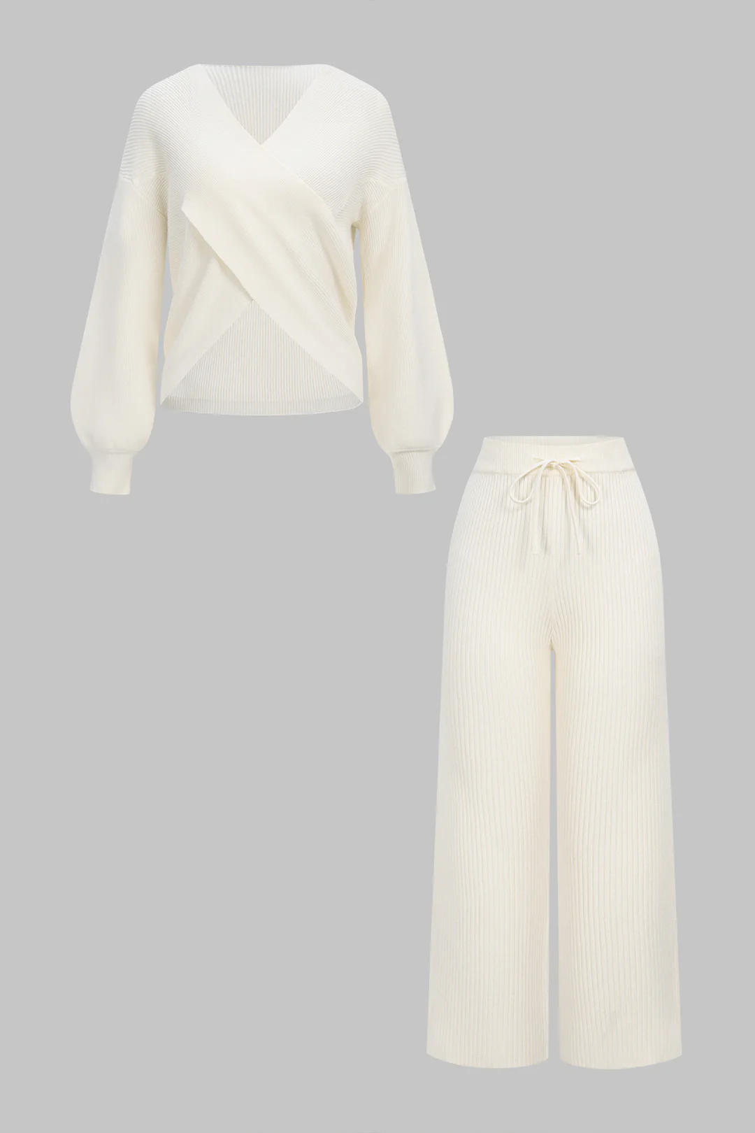 Knit Crossed Long-Sleeve Top And Tie-Up Pants Set - Weenar
