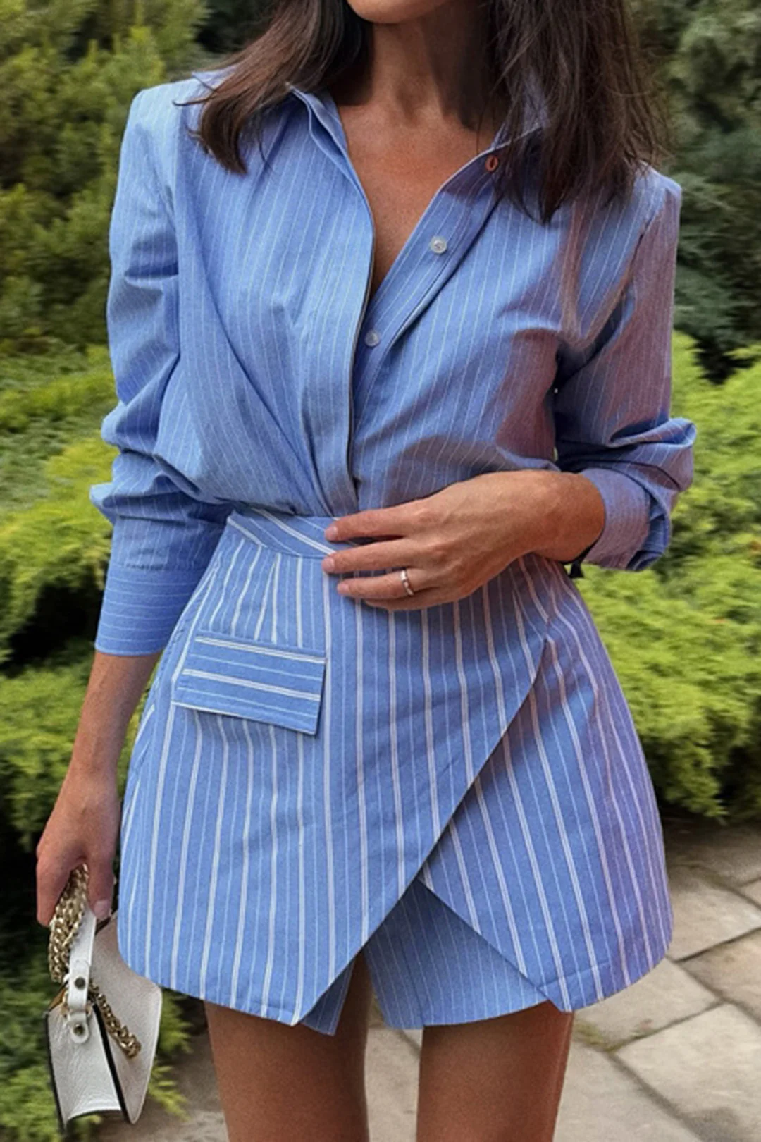 Stripes Print Button Long Sleeve Shirt And Tie-Up Skirt Set - Weenar