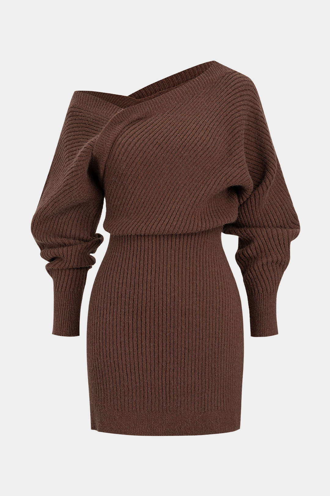 Knit Asymmetrical Neck Ribbed Long Sleeve Dress - Weenar
